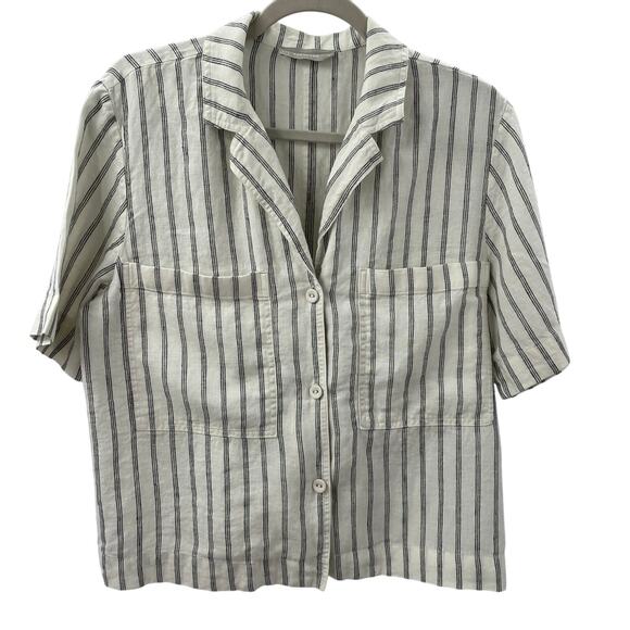 Everlane M Linen The Workwear Shirt Black Canvas Stripe Short Sleeve Button Down - Picture 3 of 8